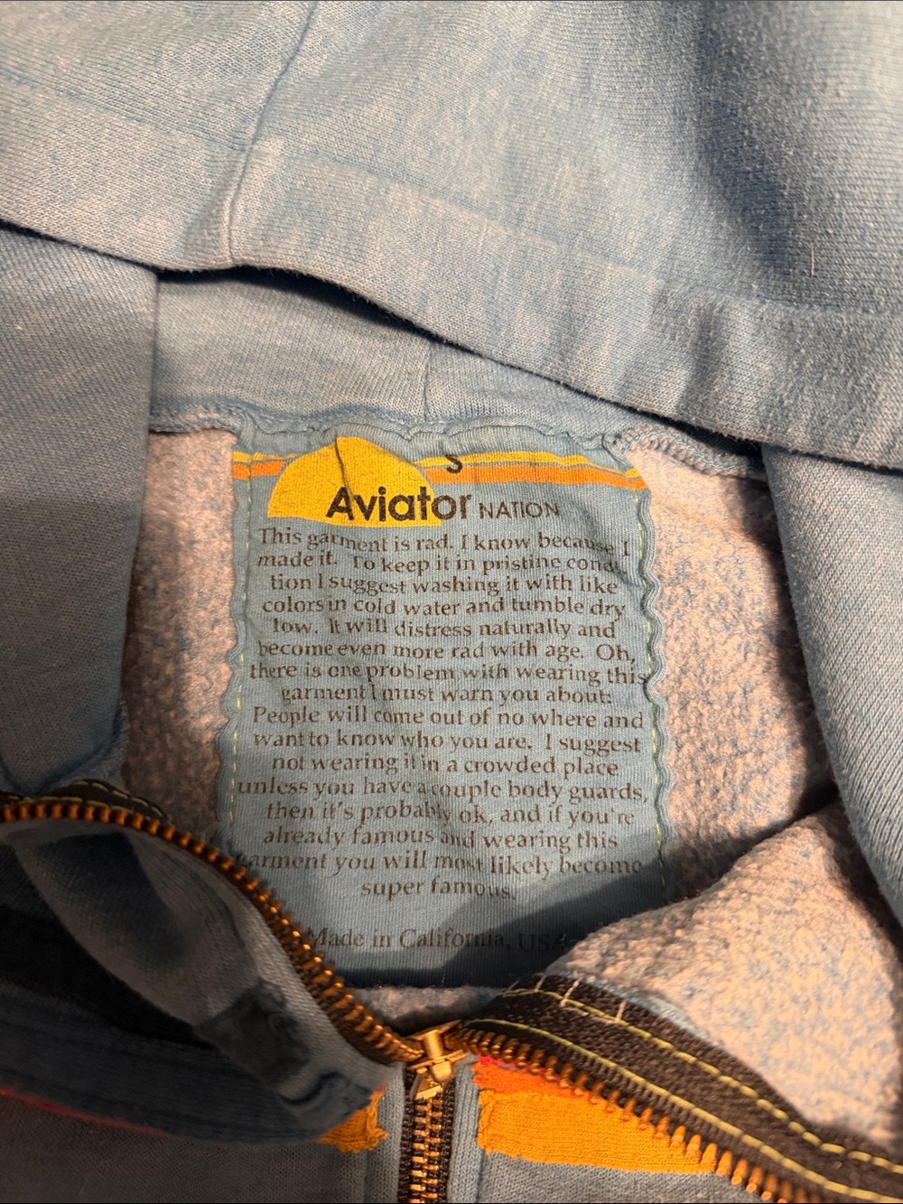 Aviator Nation Light Blue Zip Hoodie with Navy, Red & Yellow Stripes - Picture 2 of 6
